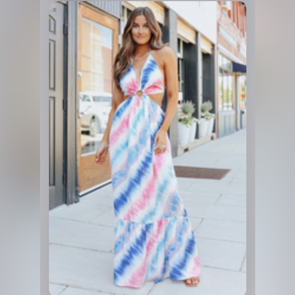 Bohemian chic maxi dress pink, teal, white and blue